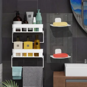 QXORE Pack Of 2 Bathroom Shelf +1 Towel Hengar And 2 Soap Hiolder Plastic Wall Shelf