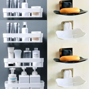 QXORE White Bathroom Shelves 4 Pcs + Soap Stand 4 Pcs Multipurpose and Rack for Home Plastic Wall Shelf